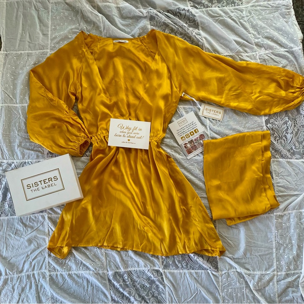 Sisters the Label 100% Silk Long Sleeve Gold Dress.